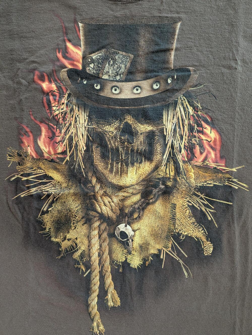 Happy Halloween Shirt Mens 2XL Brown Flaming Skull Scarecrow Graphic Tee